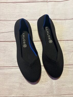 Rothy's Black Knit Ballet Flats with Blue Trim